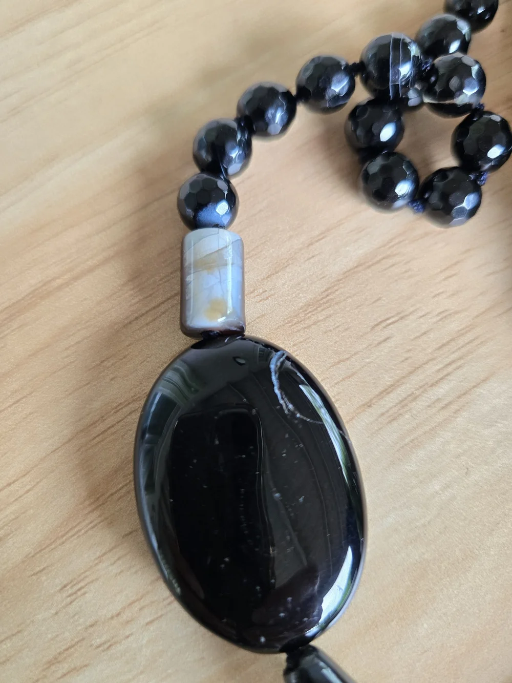 Natural Black Banded Agate Long Statement Necklace Mixed-Shape Beads Inclusions